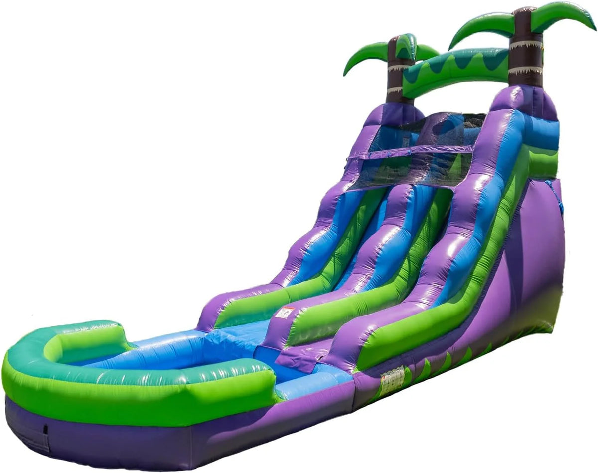 16' Purple Tropical Lightweight Premium Commercial Grade Water Slide Inflatable with Attached Pool for Kids and Adults (with Blower), Wet Dry Use, Summer Fun