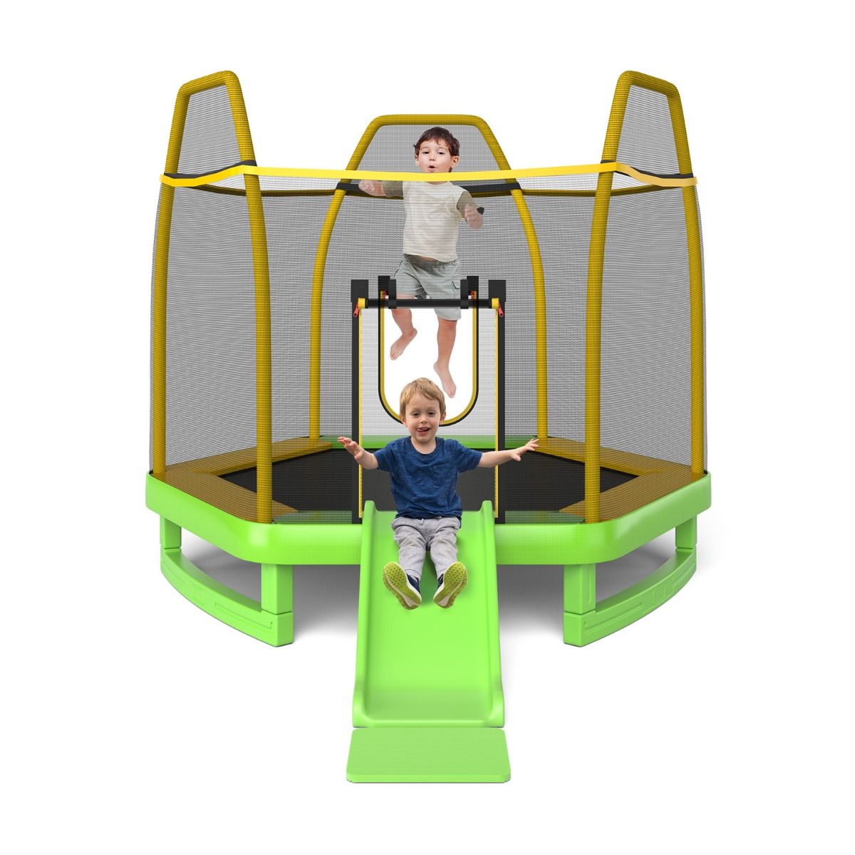 Outdoor Trampoline ? 223cm with Slide & Ladder with Safety Net, 2 U-Shaped Doors, Load Capacity 270kg for 2-3 Children Aged 3+, Blue/Green