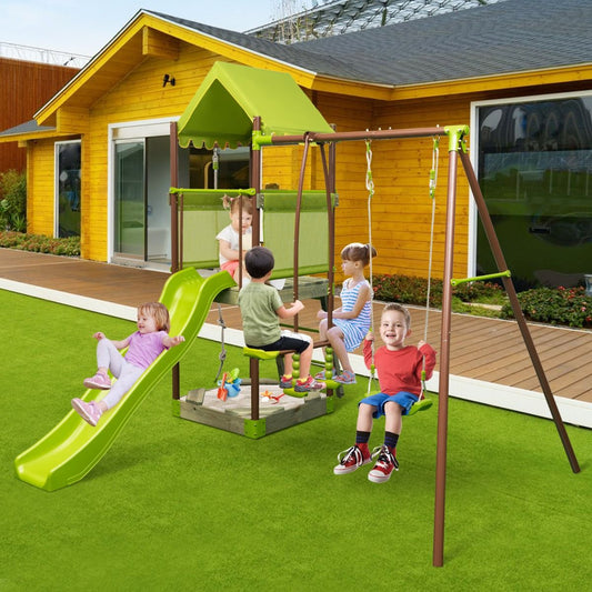 7-in-1 Metal Swing Set with Height-Adjustable Covered Fort, Climbing Rope, Sandpit, Slide, and Wavy Slide (Green)