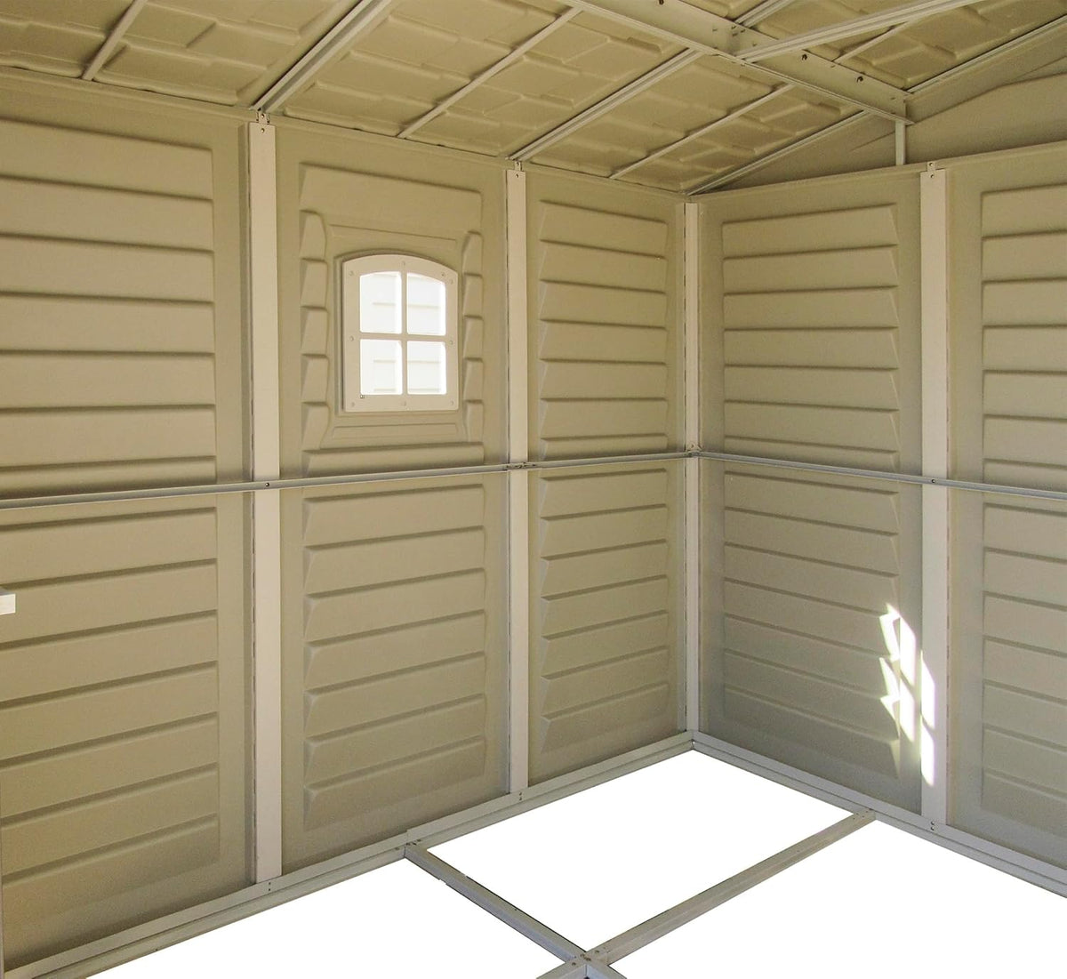 Duramax WoodBridge Plus 10 x 8 (7.64 m2) Plastic Garden Shed with 1 Fixed Window and Metal Foundation Kit, Sturdy Metal Roof Structure and Maintenance-Free Garden Shed - Ivory/Brown