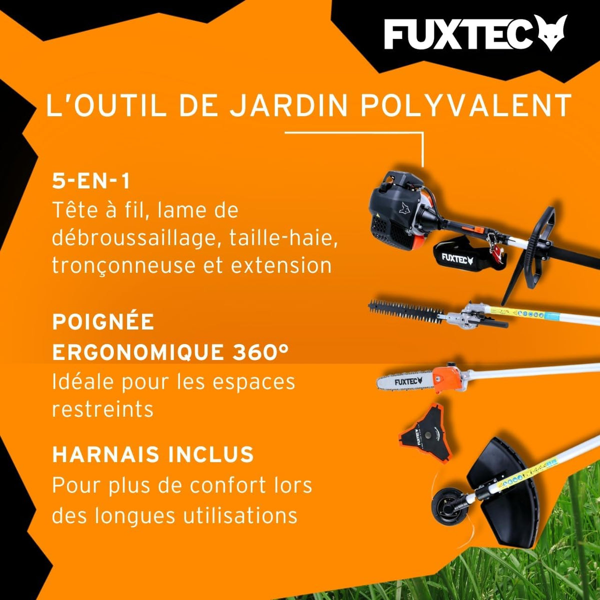 Fuxtec FX-MT152E 5-in-1 Multi-Tool Petrol Brush Cutter - Easy Starter, 3 HP, 52 cc, 2-Stroke Engine, Pruner, Hedge Trimmer, Edger with Cord or Blade, 1 Meter Extension