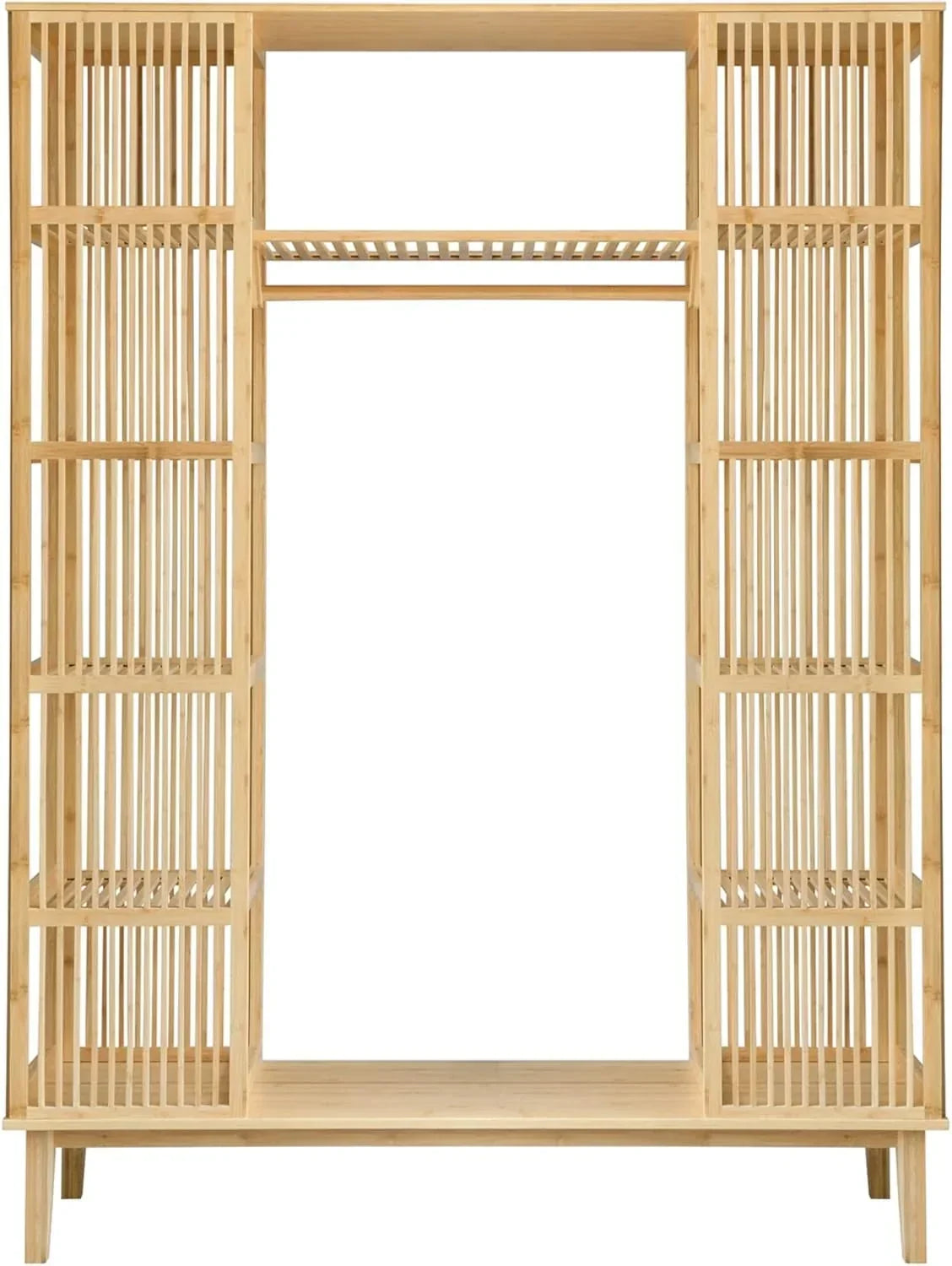 en.casa Armario para Ropa con 2 Puertas Deslizantes Clóset con 12 Estantes y 1 Barra de Colgar Perchero de Bambú 185 x 140 x 45 cm Natural