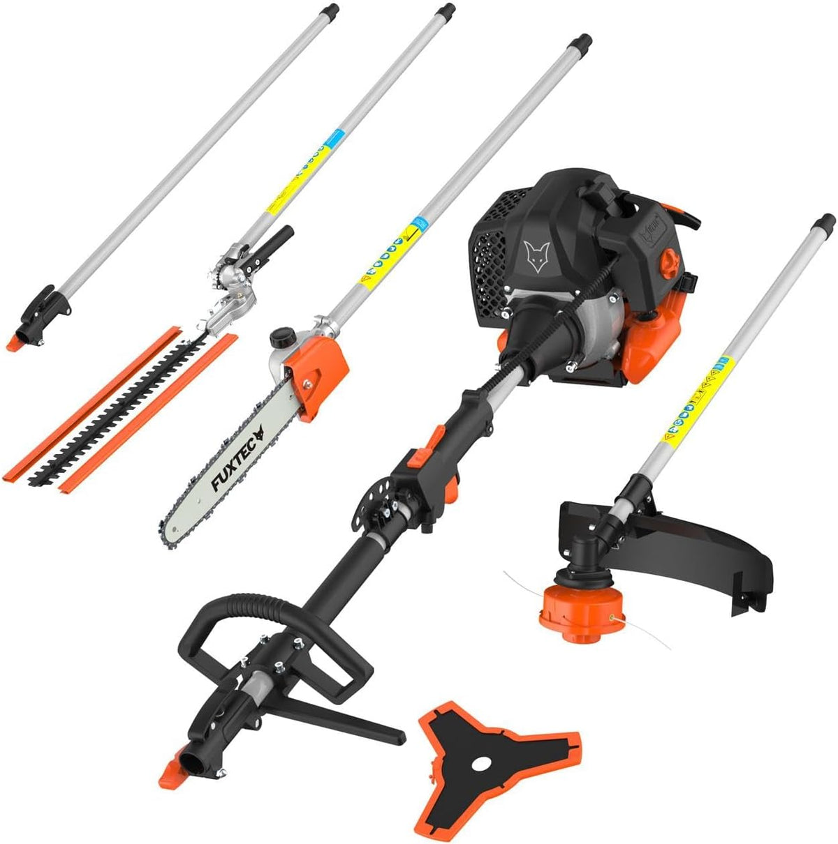 Fuxtec FX-MT152E 5-in-1 Multi-Tool Petrol Brush Cutter - Easy Starter, 3 HP, 52 cc, 2-Stroke Engine, Pruner, Hedge Trimmer, Edger with Cord or Blade, 1 Meter Extension