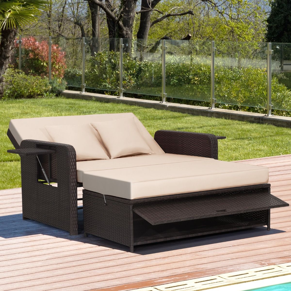 Adjustable Outdoor Garden Lounge Set with Bed, 2-Seater with Hidden Storage, 4-Level Adjustable Backrest in PE Rattan -