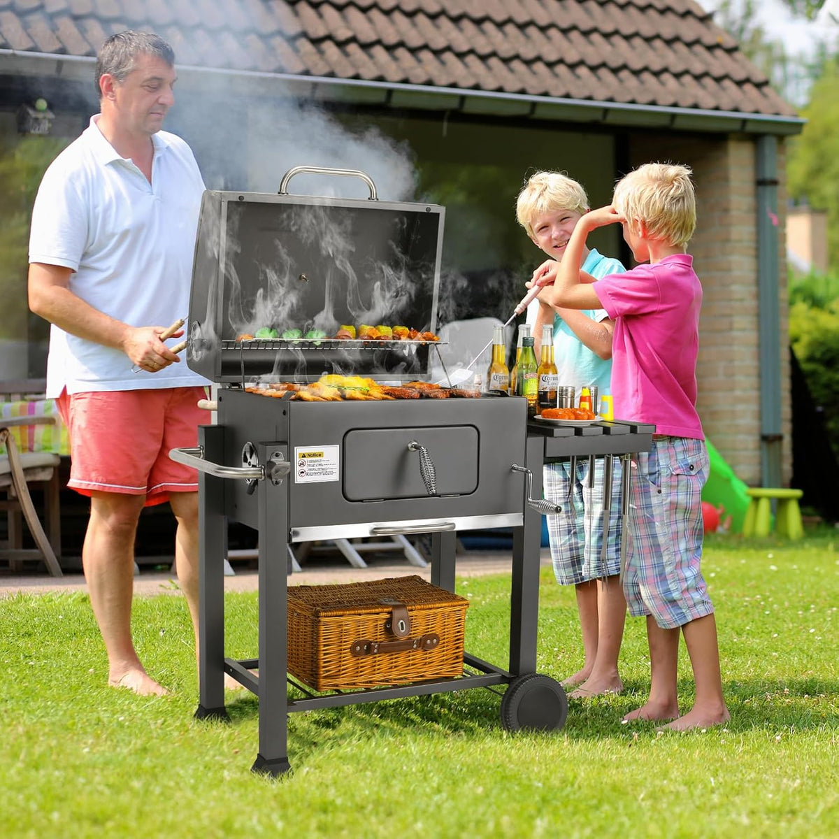 XL Charcoal Barbecue, Barbecue Cart, XL Charcoal Grill with Lid, Wheels and Thermometer, Height Adjustable, Large Charcoal Barbecue, for Camping and Garden, Black