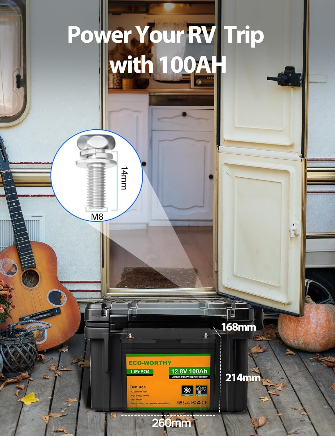 ECO-WORTHY Bluetooth 12V 100AH Lithium Battery, LiFePO4 Battery with Low Temperature Protection, Intelligent BMS, 1280Wh Energy, for caravans, motorhomes, solar systems, fishing