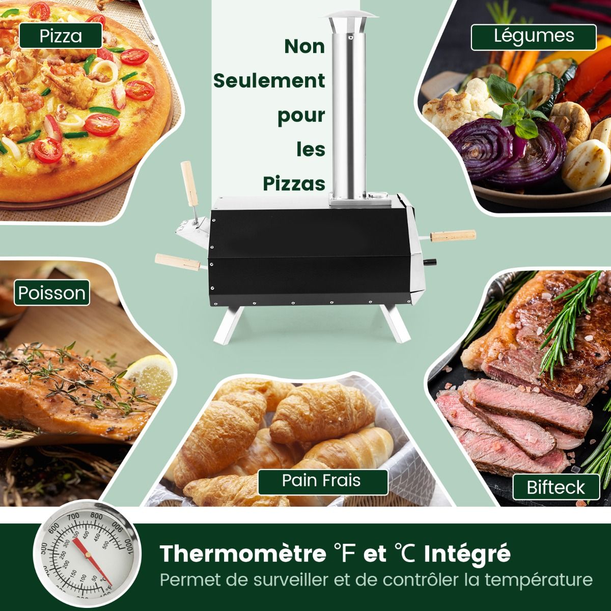 Outdoor Stainless Steel Pizza Oven with 30.5cm Pizza Stone, Wood-Fired Pizza Oven with Peel, Fireguard, and Folding Legs
