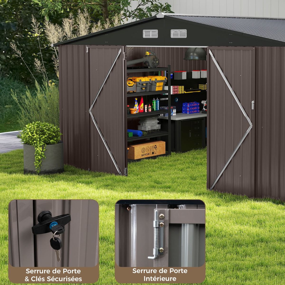 Large Outdoor Storage Shed/Tool Shed with Sloping Roof Design, Lockable Doors with Keys, 4 Ventilation Vents, 350x350x198cm, Grey