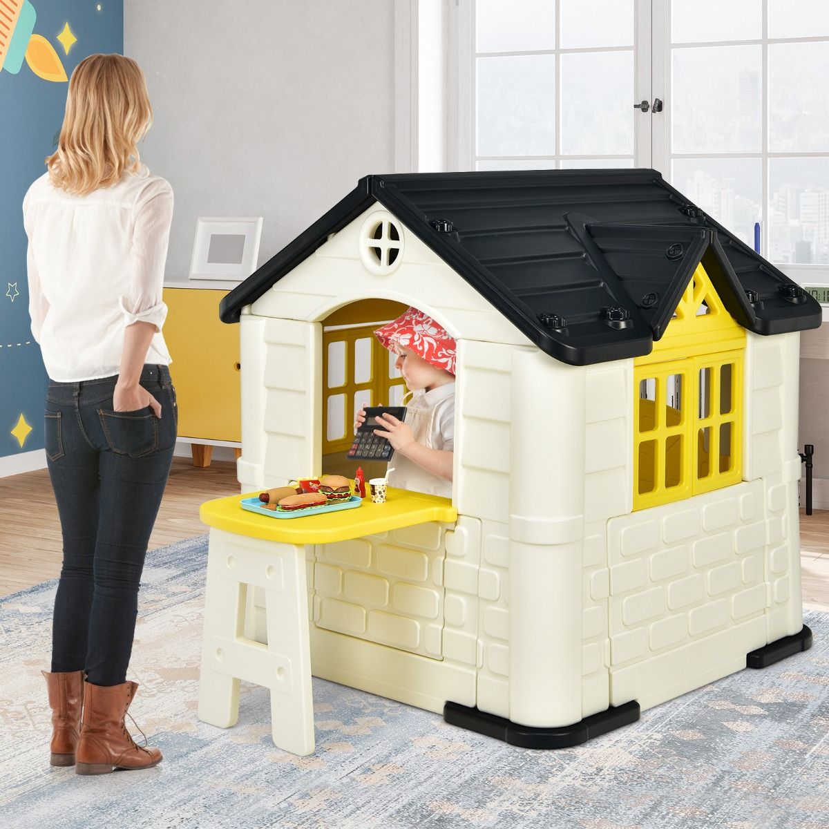 Chef House - Burger Bar Theme - UV-Resistant Plastic Garden Shed Picnic Table 164x124x132 cm Blue/Pink/Yellow -