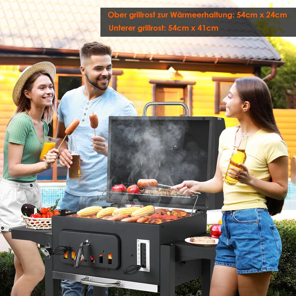 XL Charcoal Barbecue, Barbecue Cart, XL Charcoal Grill with Lid, Wheels and Thermometer, Height Adjustable, Large Charcoal Barbecue, for Camping and Garden, Black